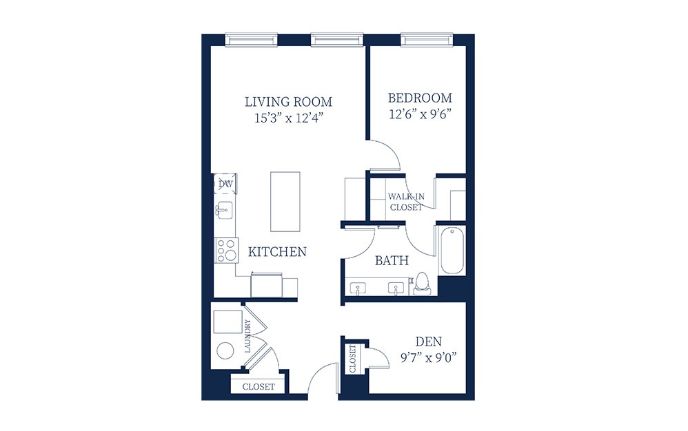 A11D - 1 bedroom floorplan layout with 1 bath and 897 to 938 square feet.