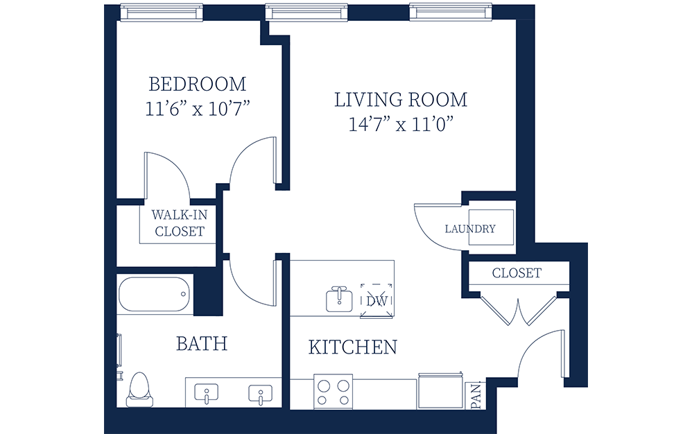 A1 - 1 bedroom floorplan layout with 1 bath and 668 square feet.