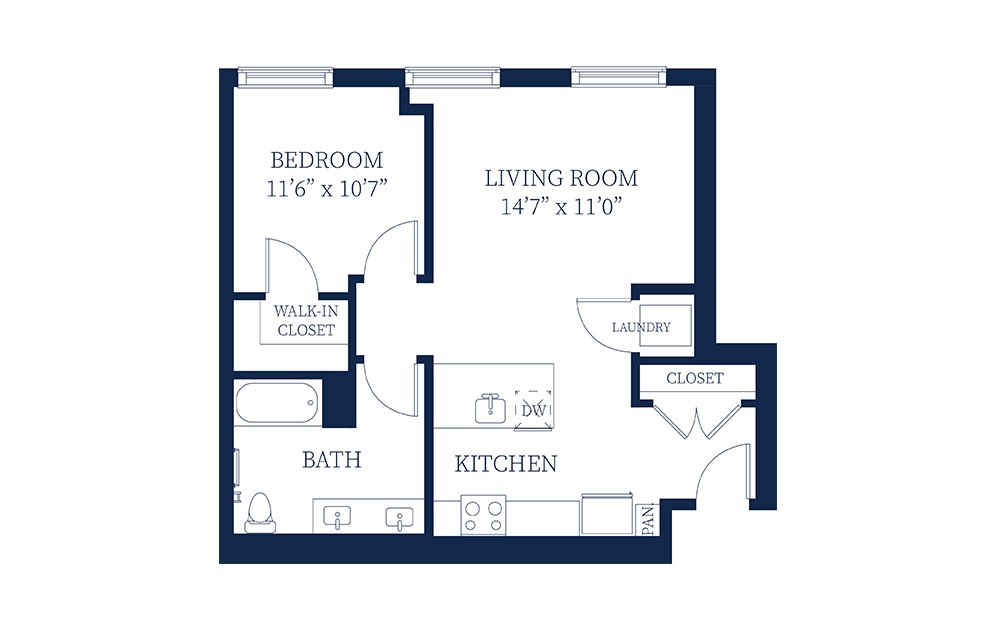 A6 - 1 bedroom floorplan layout with 1 bath and 792 square feet.