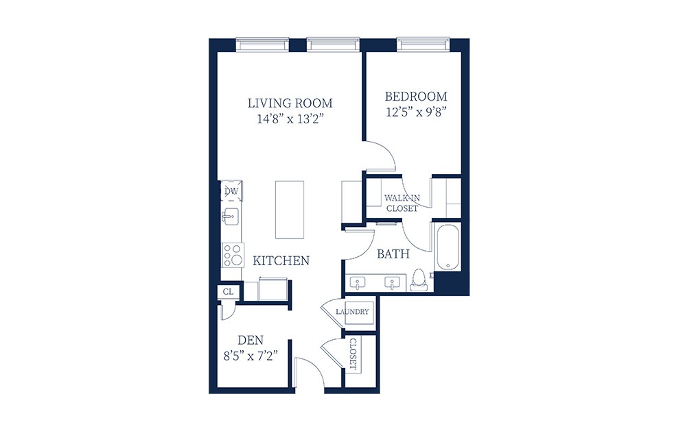 A8D - 1 bedroom floorplan layout with 1 bath and 837 to 850 square feet.