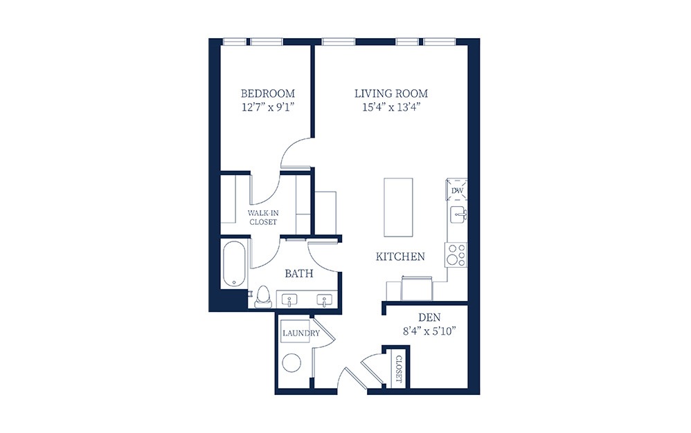 A9D - 1 bedroom floorplan layout with 1 bath and 879 square feet.