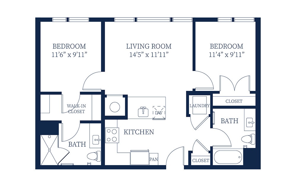 B1/B1a - 2 bedroom floorplan layout with 2 baths and 891 to 928 square feet.