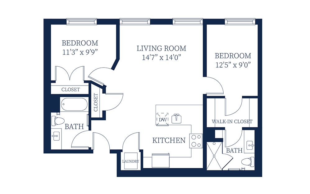 B2 - 2 bedroom floorplan layout with 2 baths and 951 to 1000 square feet.