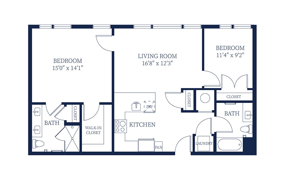 B3 - 2 bedroom floorplan layout with 2 baths and 1054 to 1070 square feet.