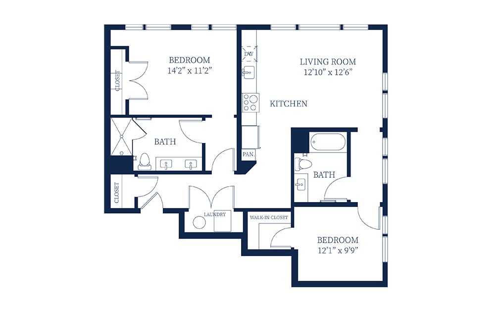 B4 - 2 bedroom floorplan layout with 2 baths and 1083 to 1110 square feet.