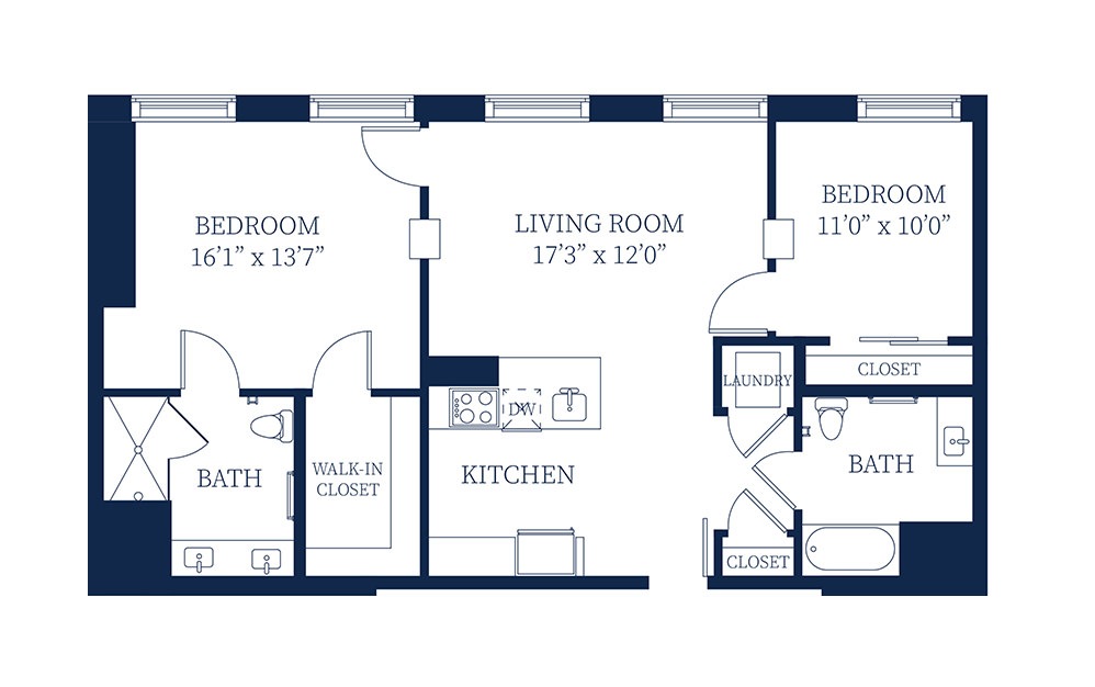 B6a - 2 bedroom floorplan layout with 2 baths and 1130 square feet.