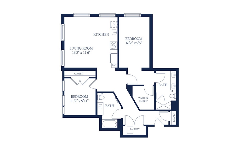 B7 - 2 bedroom floorplan layout with 2 baths and 1153 to 1181 square feet.