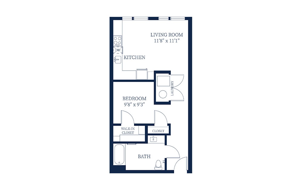 S1/S1a - Studio floorplan layout with 1 bath and 643 to 645 square feet.