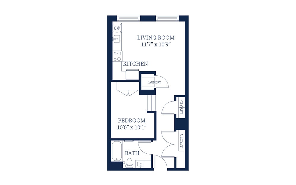 S2 - Studio floorplan layout with 1 bath and 650 square feet.