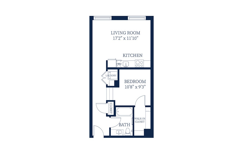 S3 - Studio floorplan layout with 1 bath and 650 square feet.