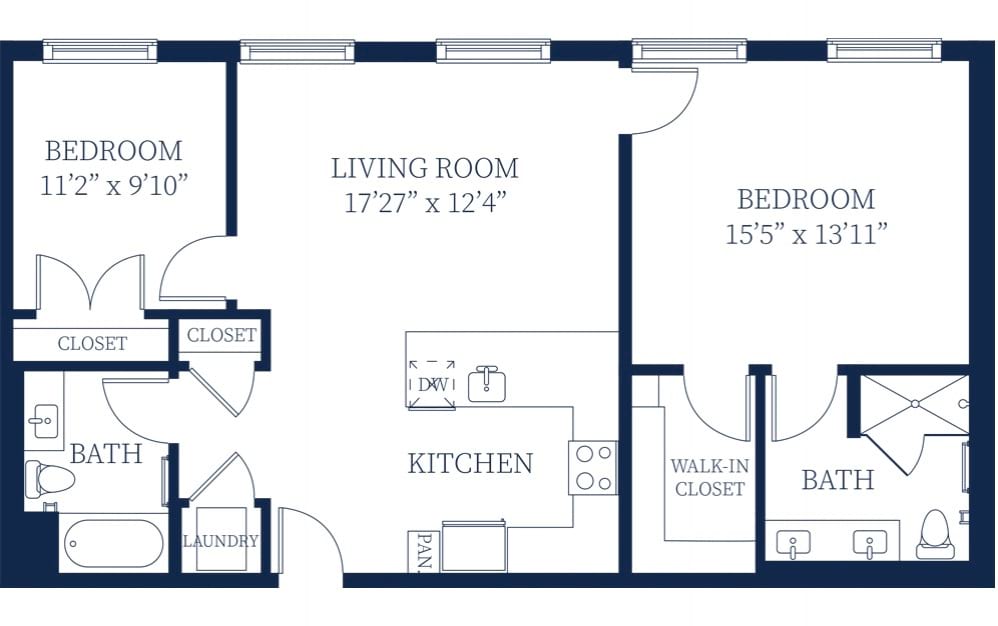 B6 - 2 bedroom floorplan layout with 2 baths and 1114 to 1130 square feet.